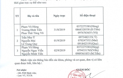 BẢNG PHÂN CÔNG TRỰC LỰC LƯỢNG TỰ VỆ NGÀY NGHỈ LỄ QUỐC KHÁNH 2/9/2019 TẠI BỆNH VIỆN